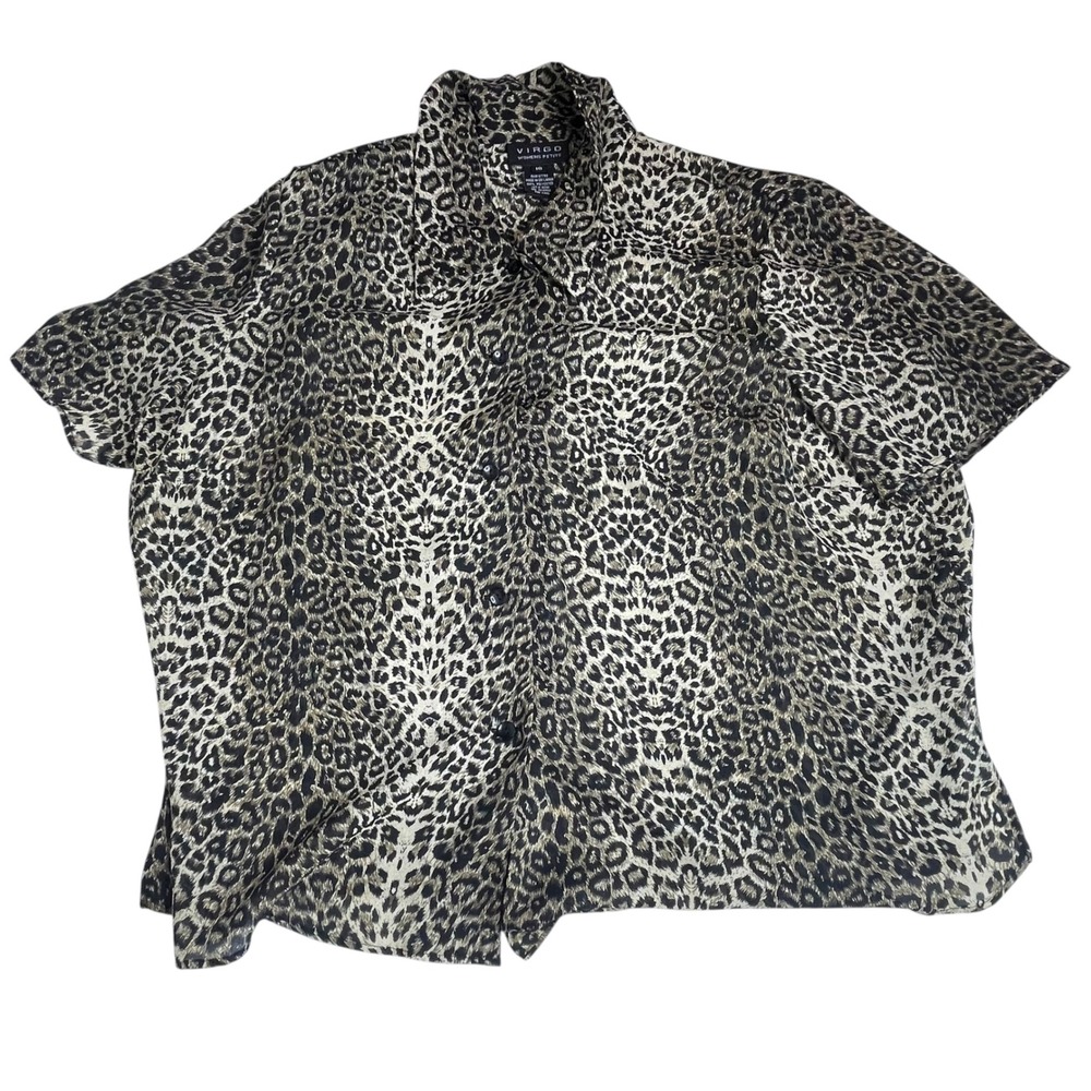 Vintage Womens Petite Leopard Print Button Up Blouse Short Sleeve Size 18 Brown